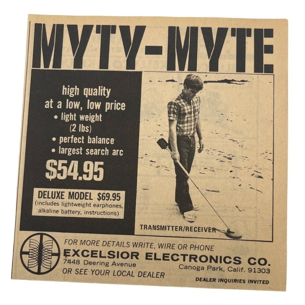 Myty Myte Metal Detector Print Ad Vintage 70s Locating Excelsior Electronics CA